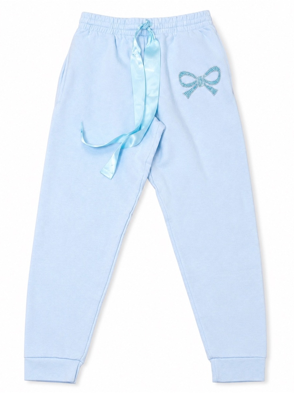Yvette Mandell Baby Blue Rhinestone Bow Jogger Sweatpants Women’s Small NWT